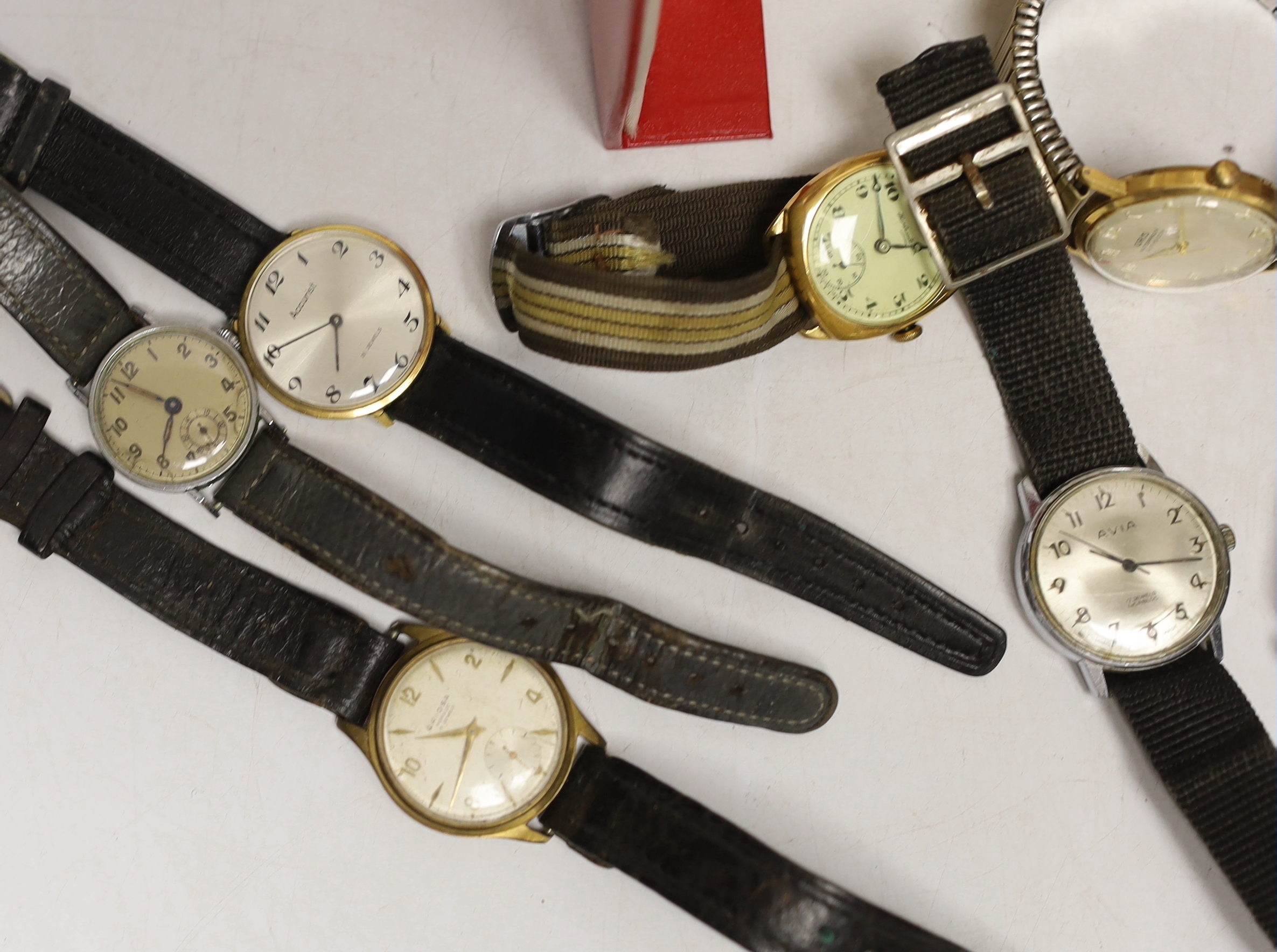 A gentleman's steel and gold plated Longines quartz wrist watch, with box, a lady's steel Jaeger LeCoultre manual wind wrist watch and eight other assorted gentleman's wrist watches including Ingersoll, Accurist and Oris